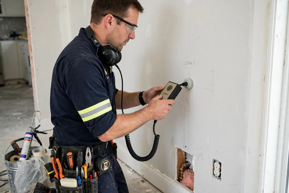 Technician holding an acoustic leak detection sensor against a drywall surface