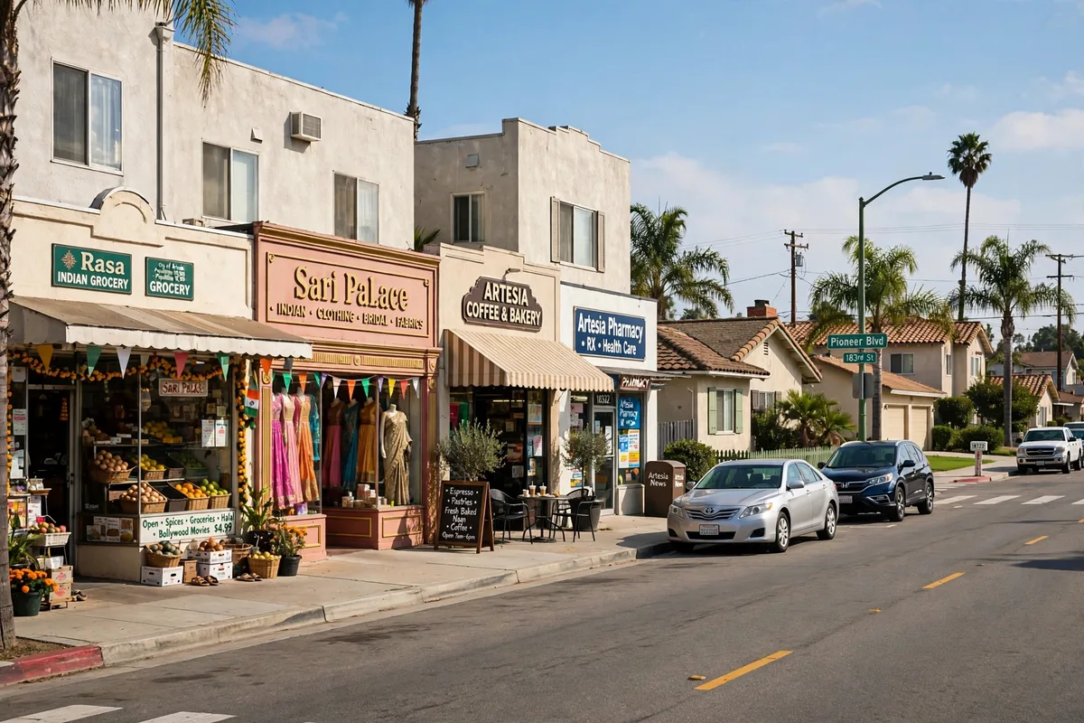 Single-family homes and small shops along a street in Artesia, California