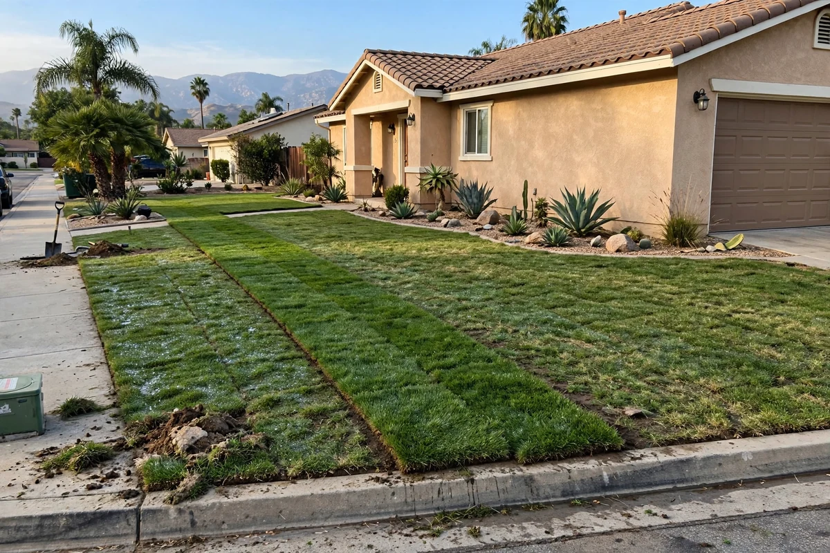 Freshly backfilled and graded trench across a front yard after water line replacement