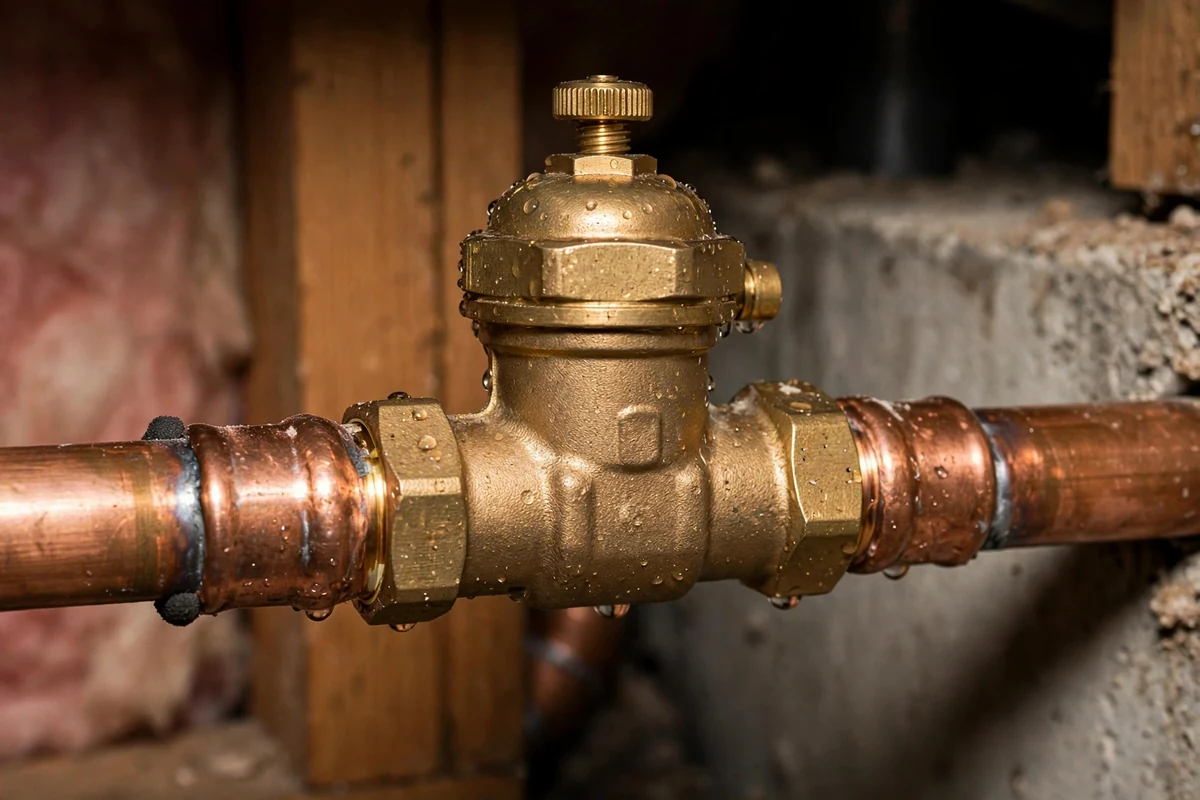Brass pressure-reducing valve installed on a home's main water line