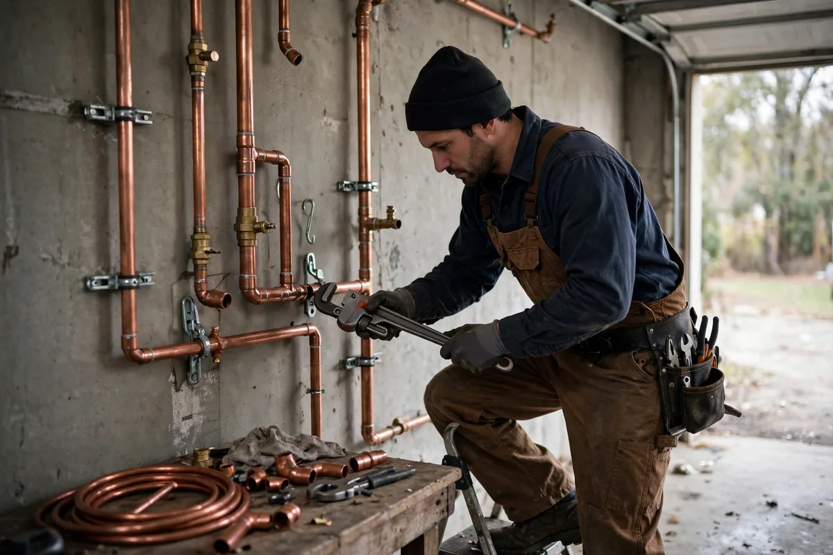 Technician soldering a copper pipe joint in a residential garage