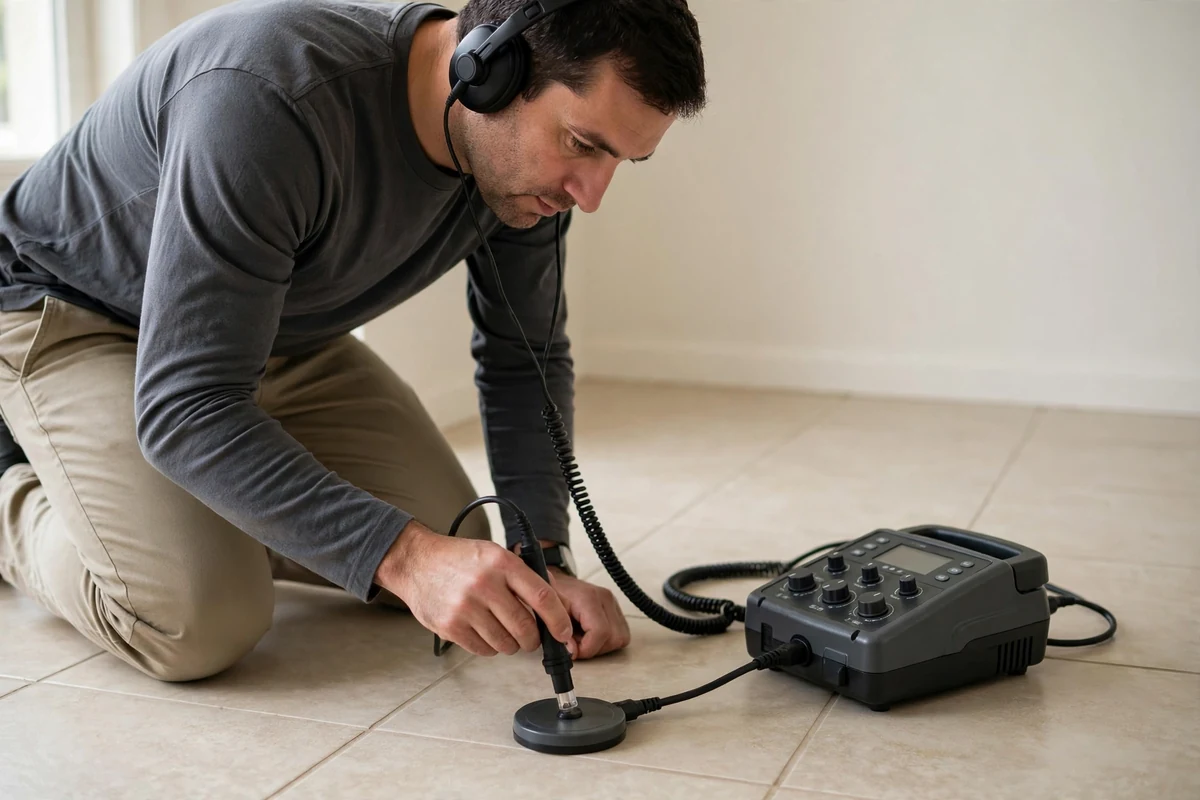 Technician using electronic listening equipment on a concrete slab floor to locate a leak
