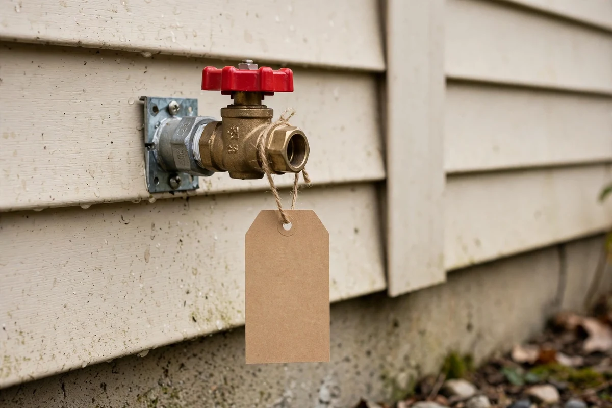 Main water shut-off valve with a clear emergency label tag attached