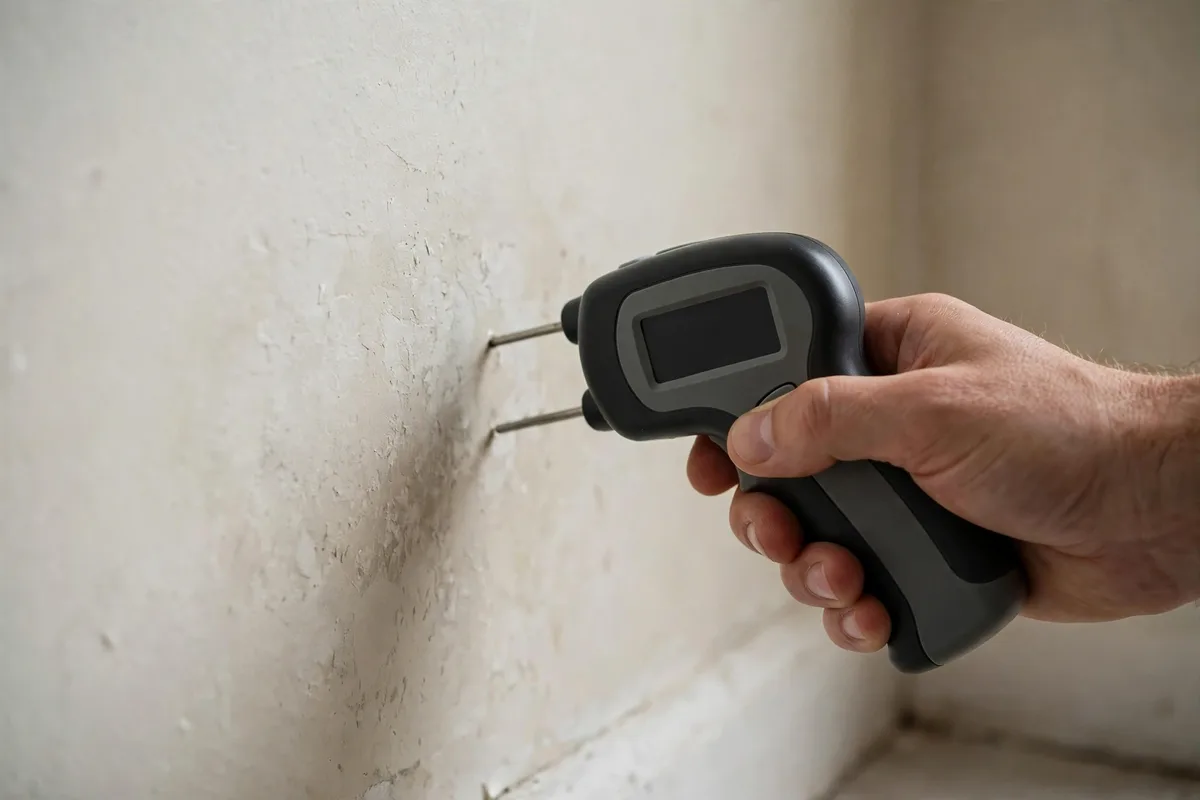 Technician using a moisture meter on an interior wall during leak detection