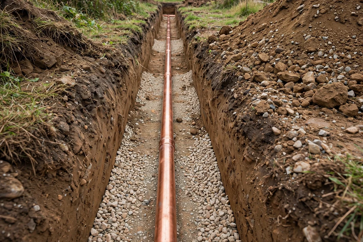 New copper water service pipe laid in an open trench before backfill
