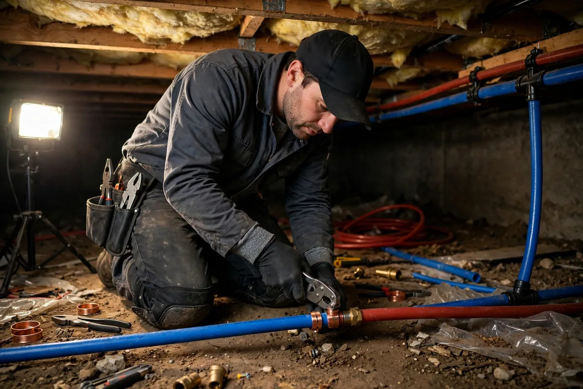 Technician installing PEX piping during a repipe in a home crawlspace