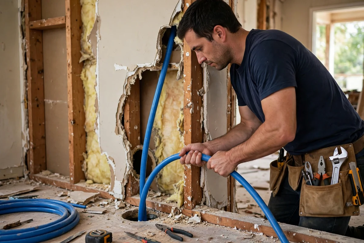 Plumber feeding flexible PEX tubing through an opened wall cavity