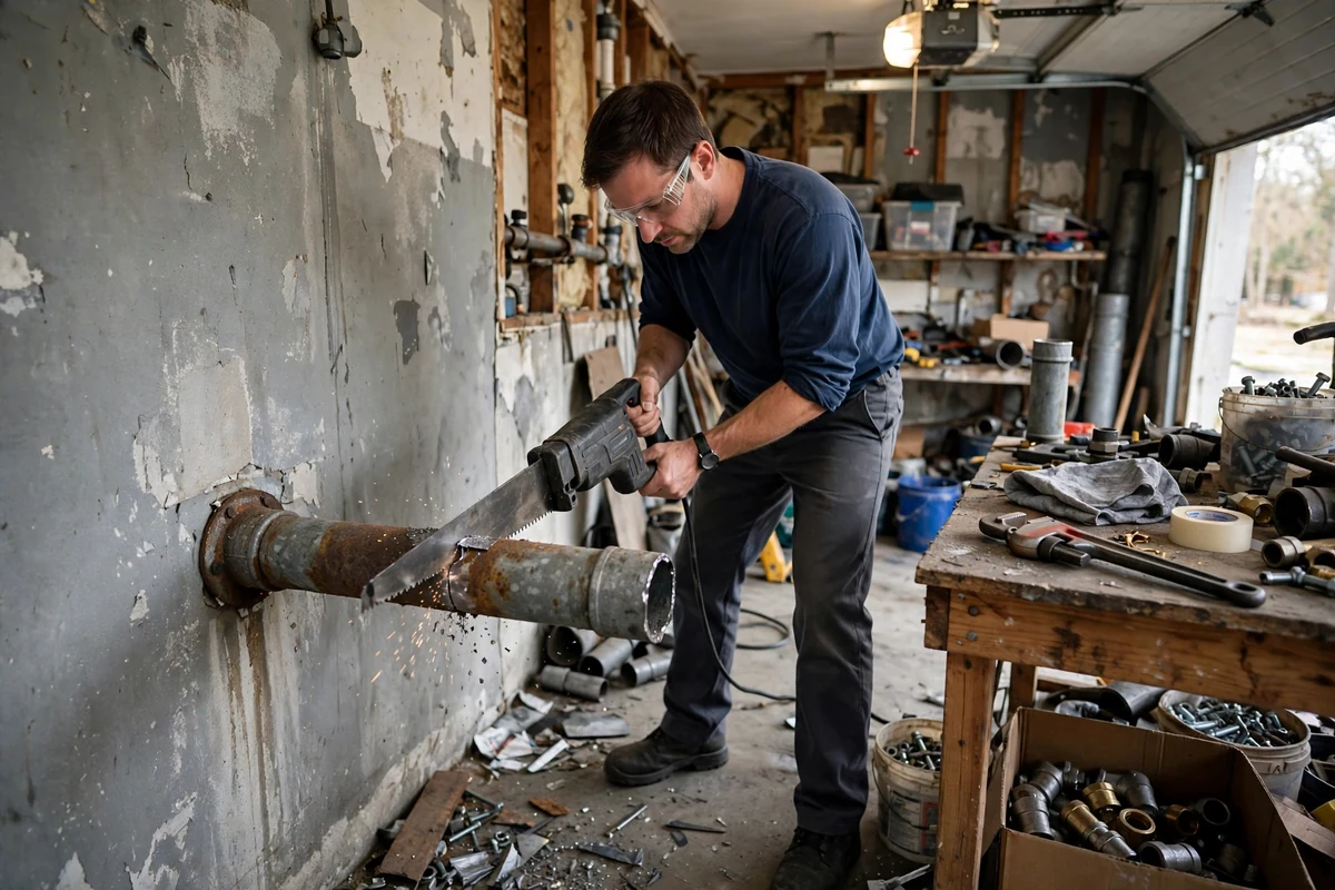 Plumber cutting out a section of old galvanized steel pipe during a repipe