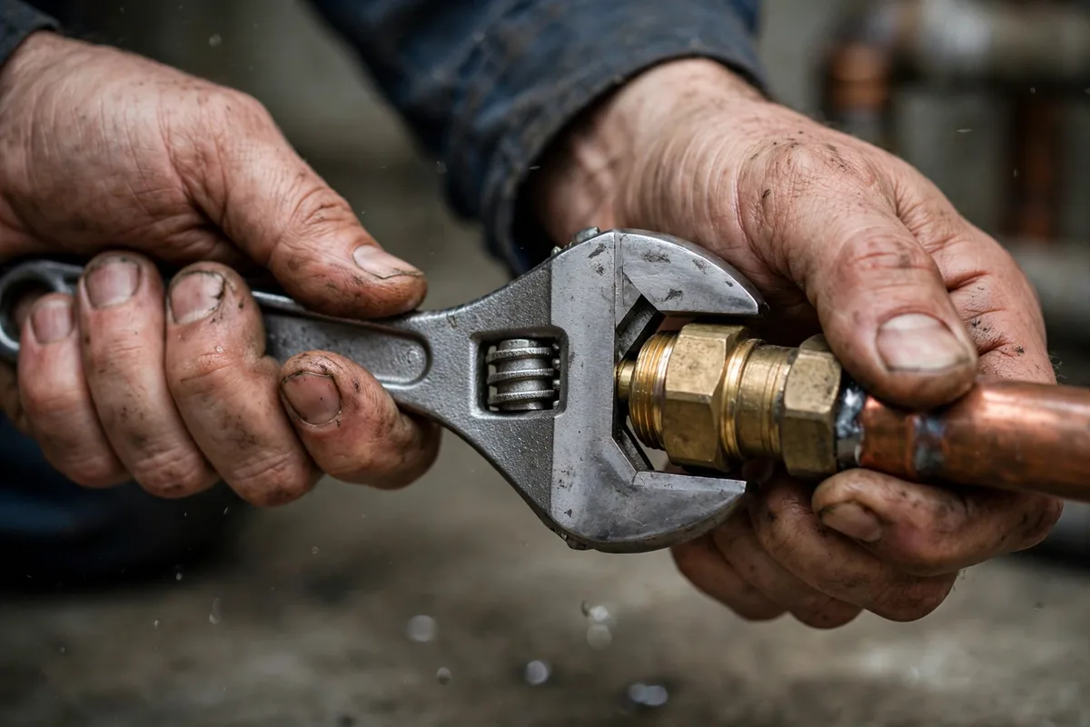 Technician tightening a pipe fitting with a wrench