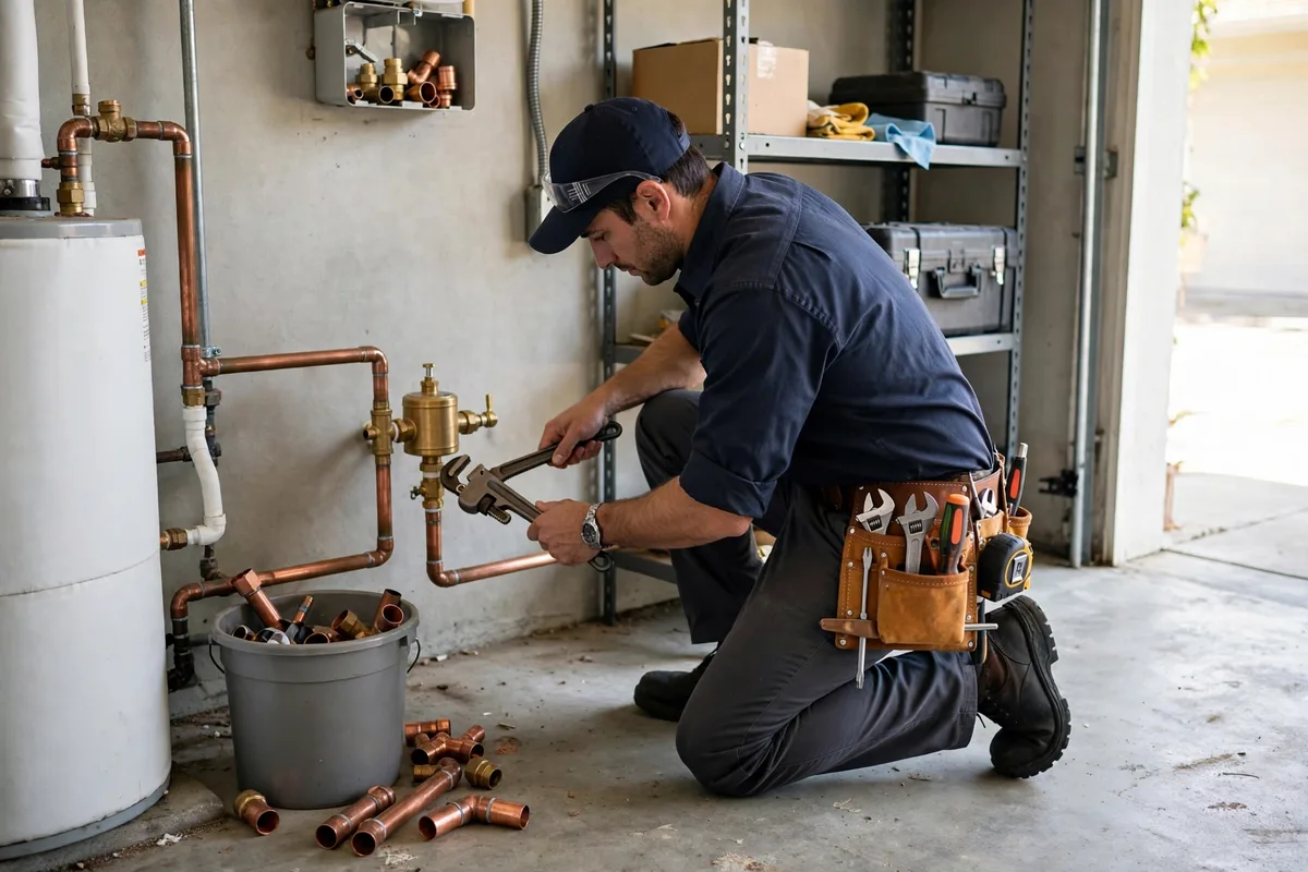 Technician installing a water pressure regulator on a main line inside a garage