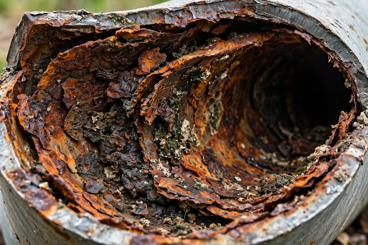 Close-up of a cut galvanized pipe showing heavy rust buildup inside