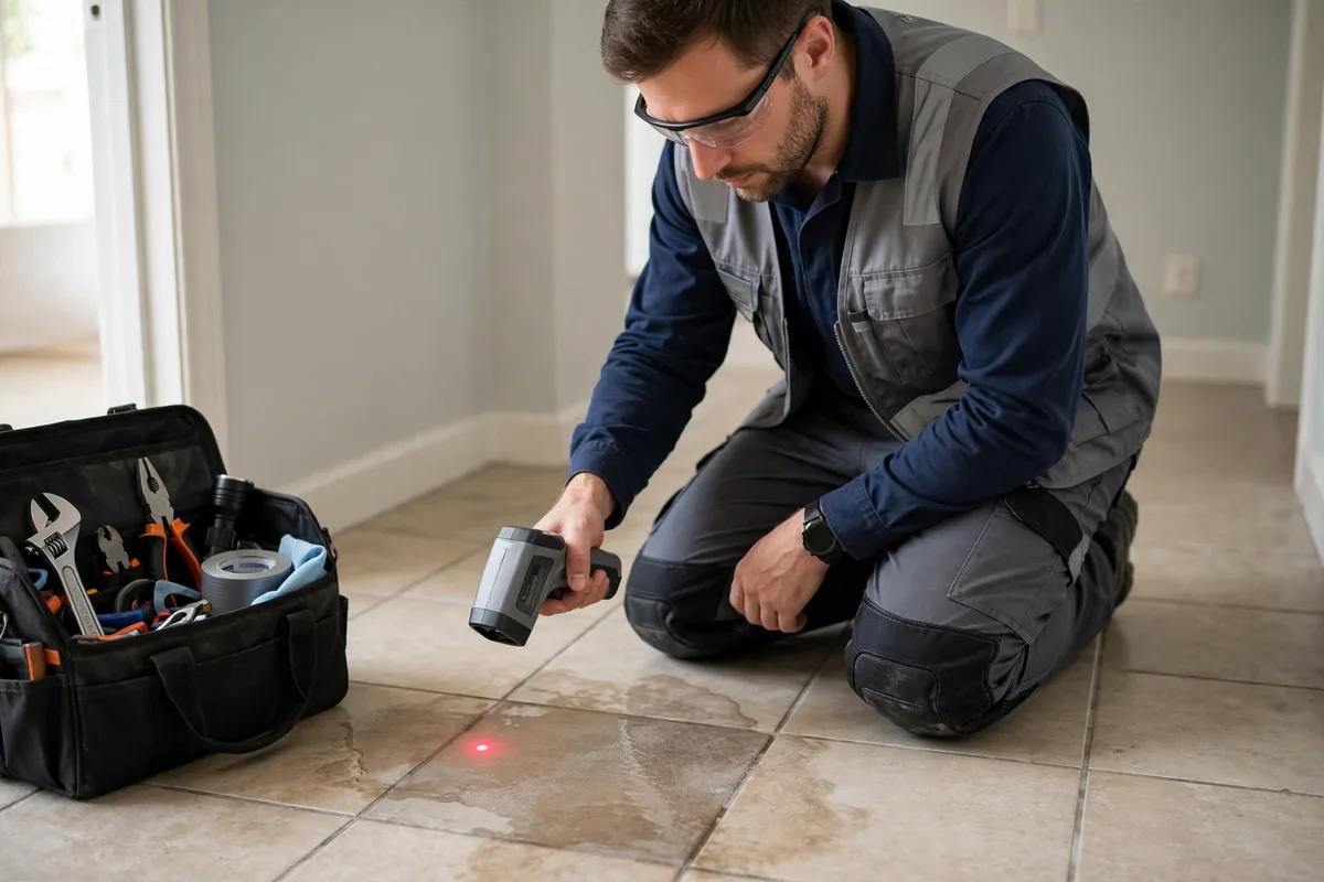 Technician scanning a tile floor for a warm spot caused by a slab leak
