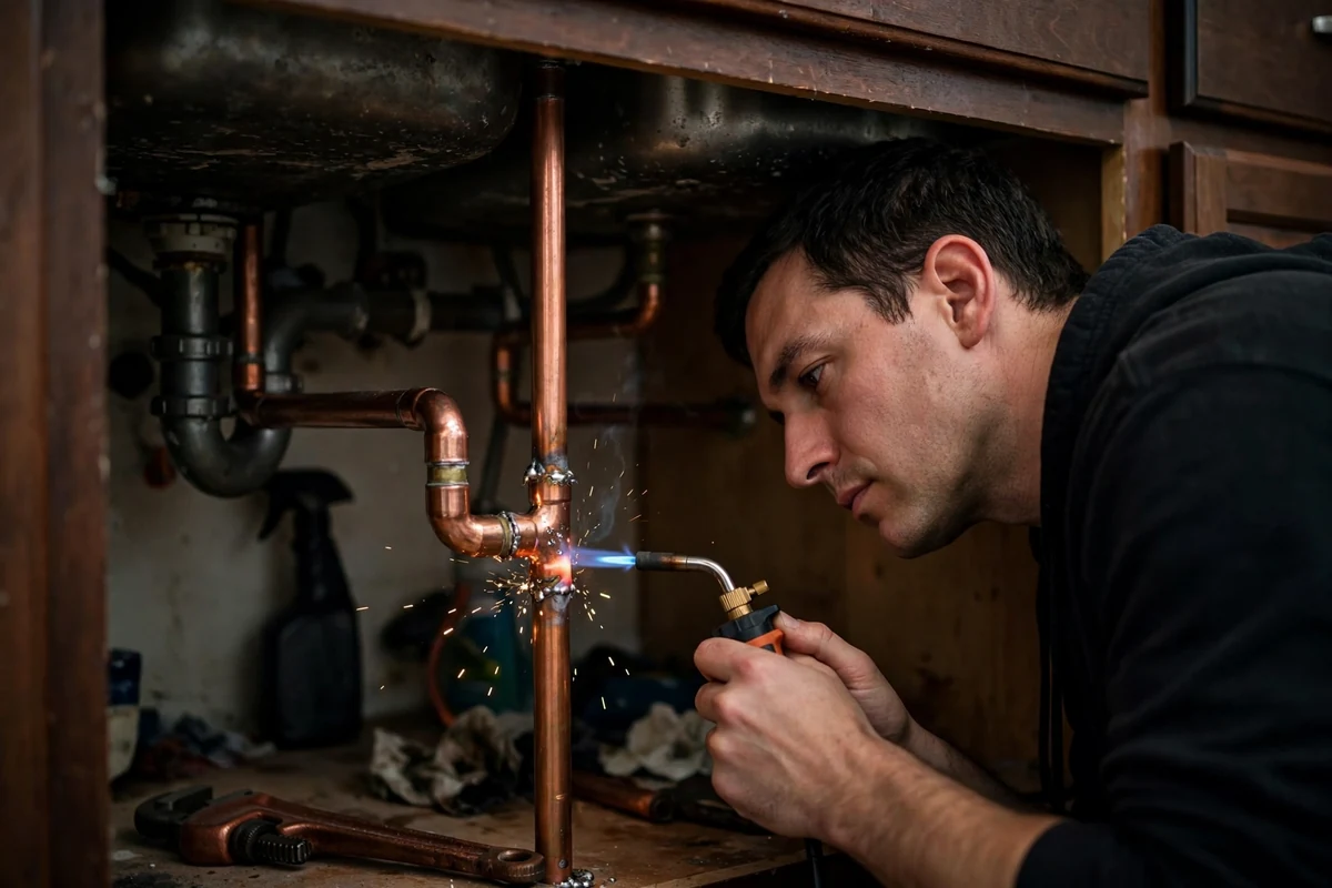 Technician soldering a copper pipe joint with a torch during a repair