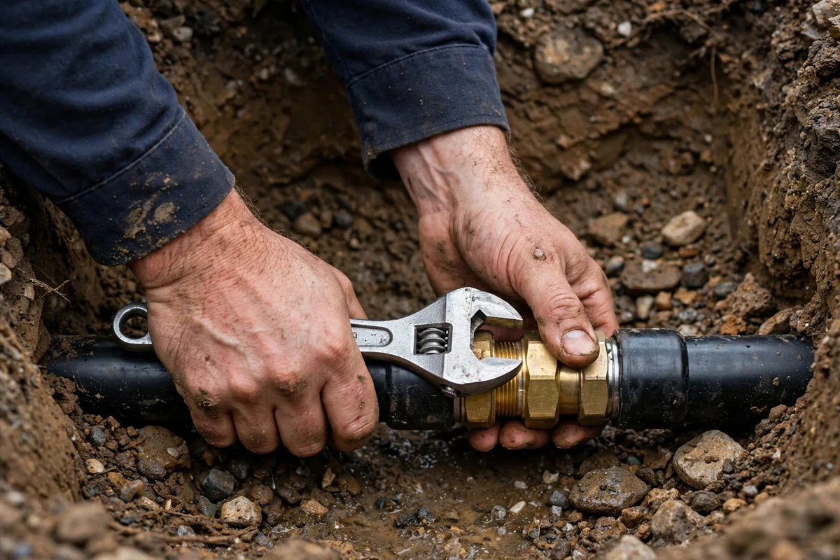 Technician tightening a coupling on a repaired main water line in an open trench