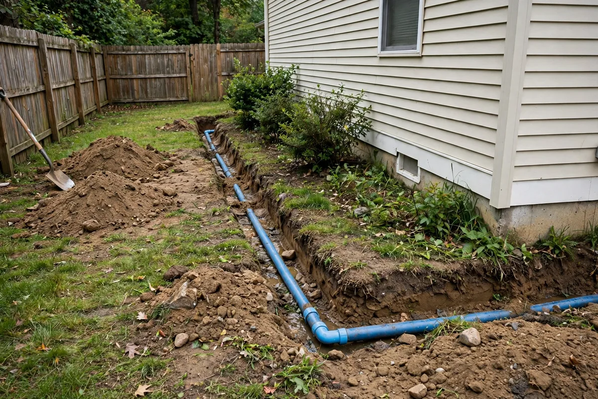 Technician repairing a water line in a home's side yard